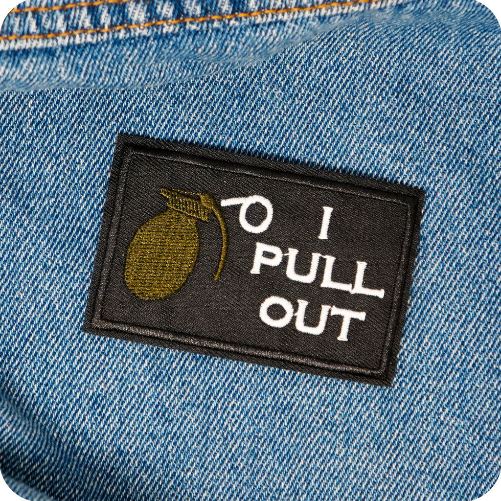 I Pull Out, Grenade Funny Black Iron On Patch (7.8 x 5cm)