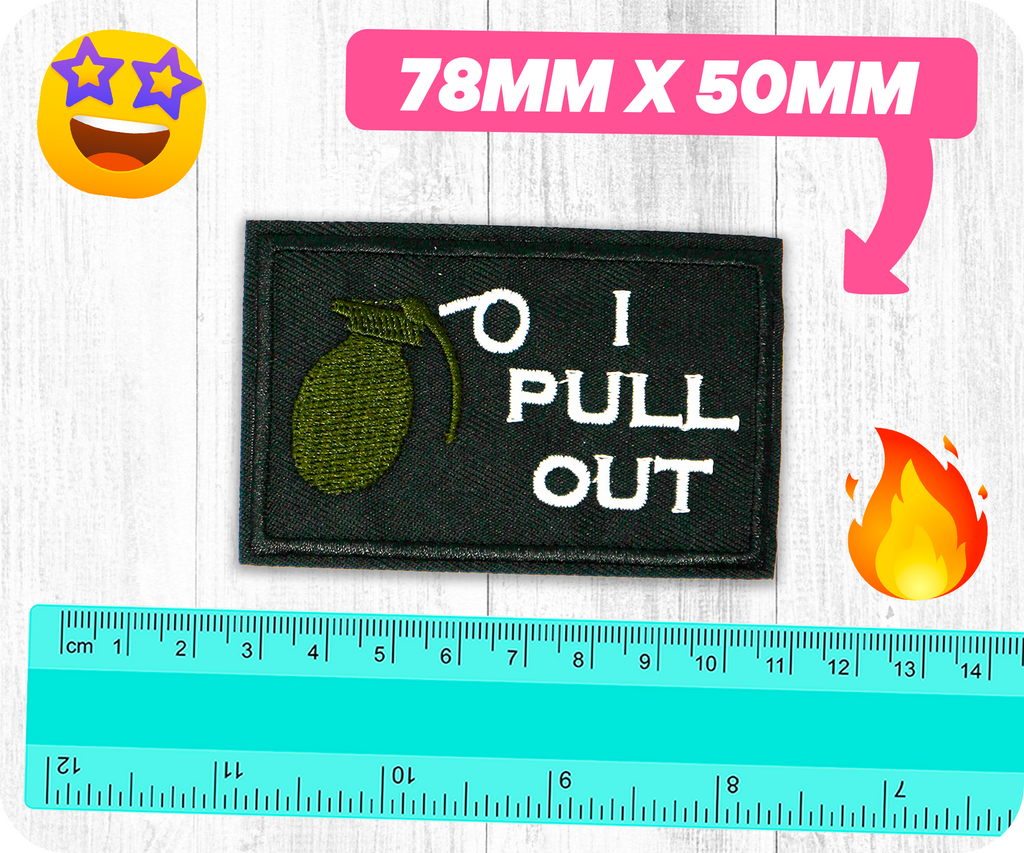 I Pull Out, Grenade Funny Black Iron On Patch (7.8 x 5cm)