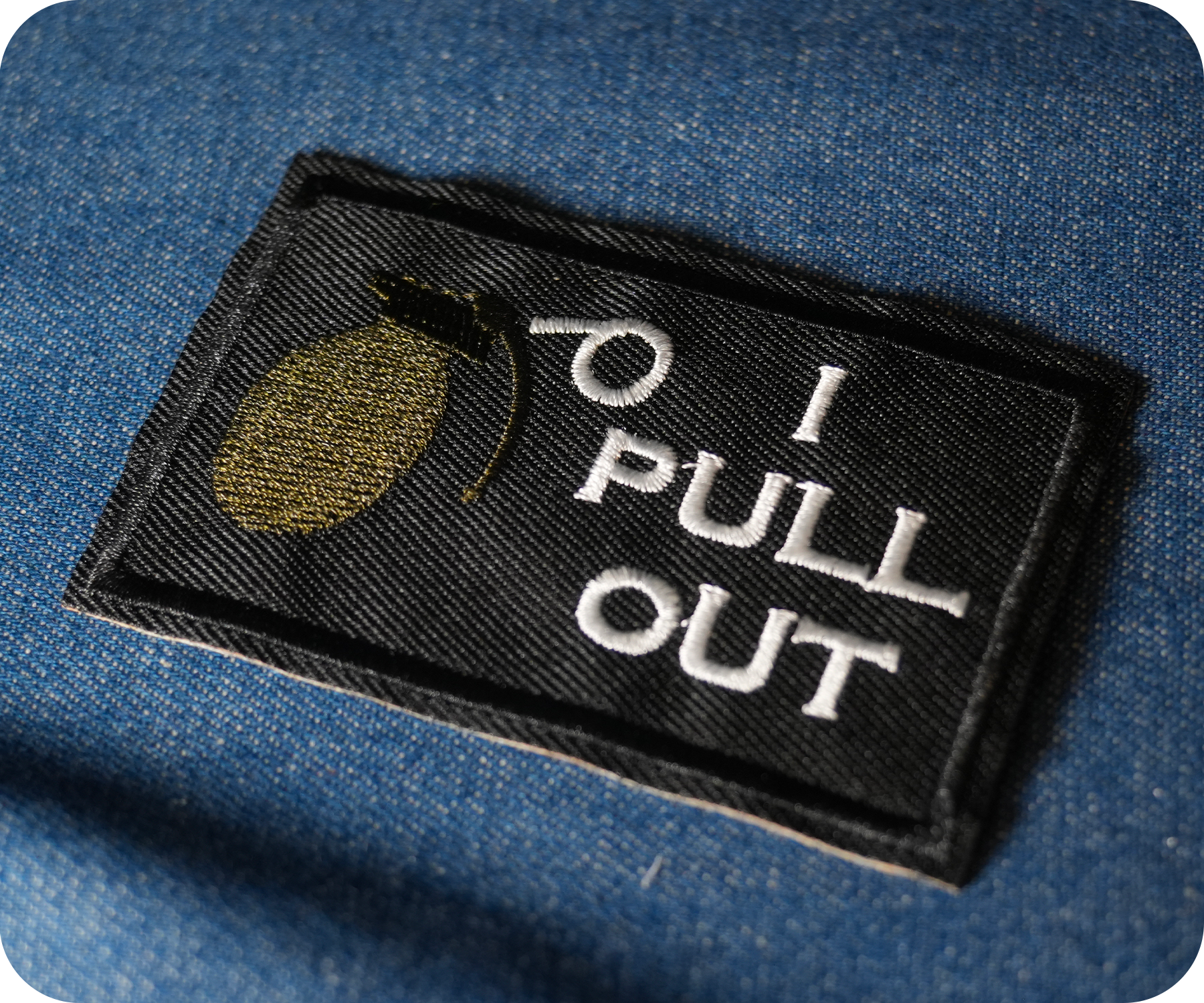 I Pull Out, Grenade Funny Black Iron On Patch (7.8 x 5cm)