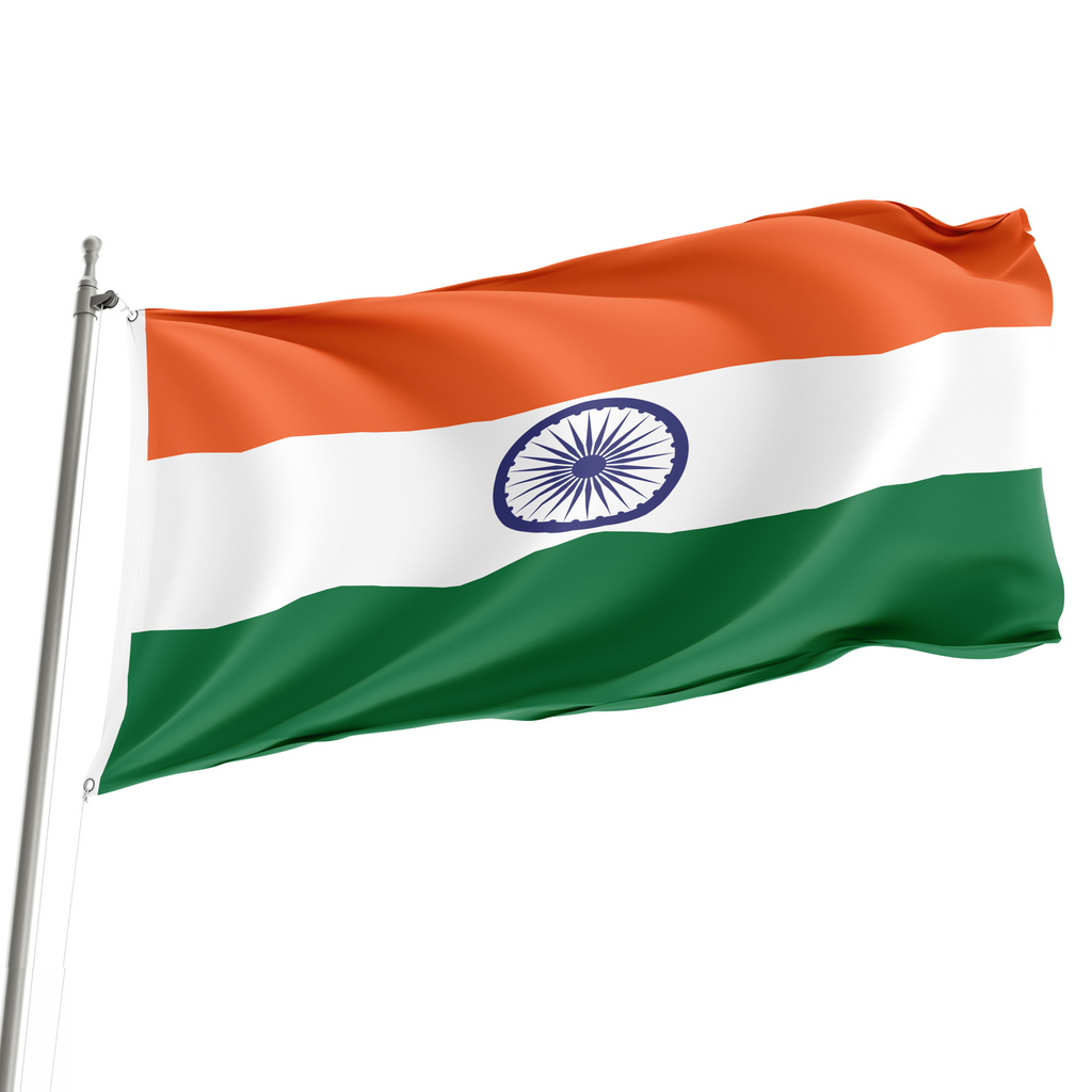 The flag of India, featuring horizontal stripes in orange, white, and green colors with a navy blue wheel in the center, is flying on a flagpole.