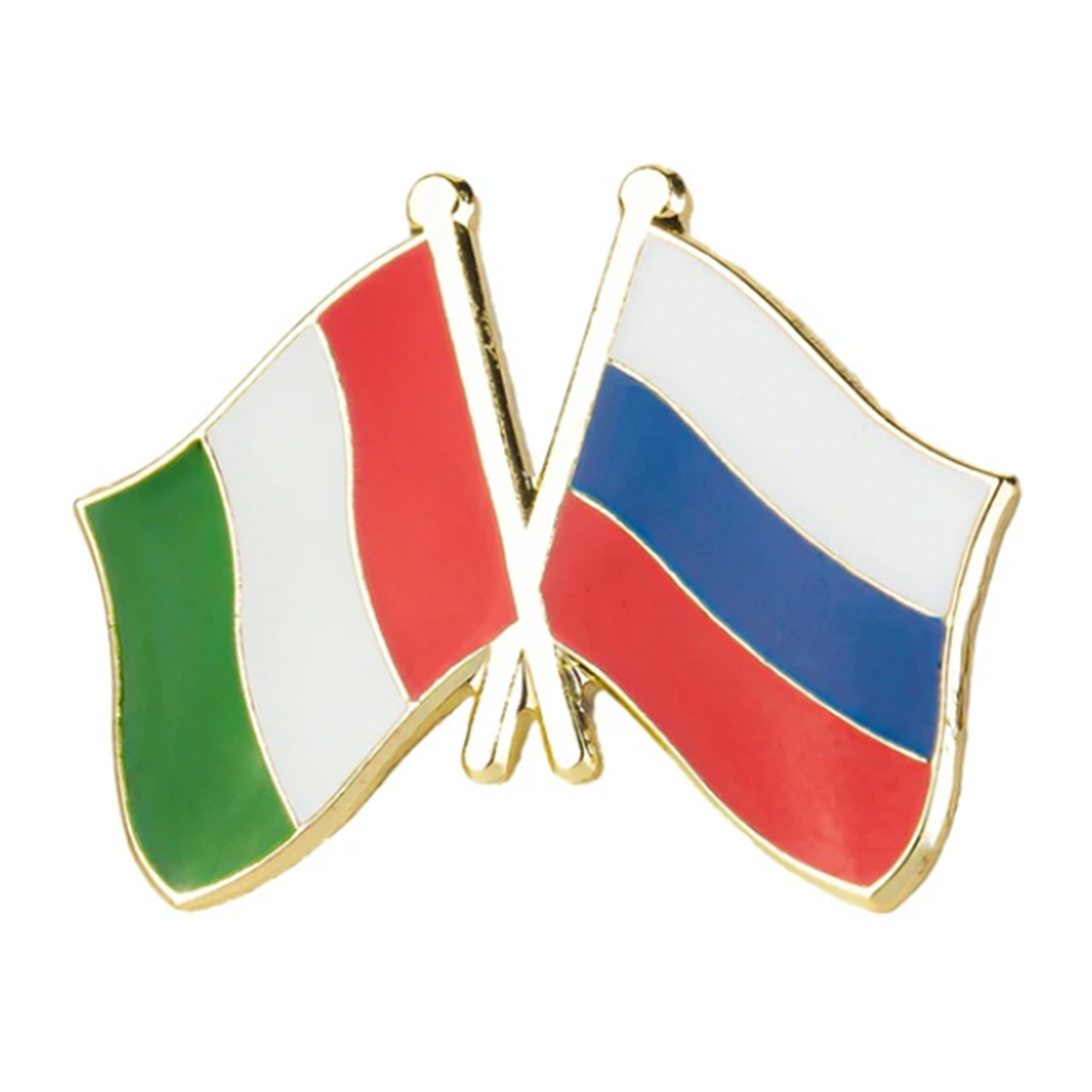 A pin badge featuring the flags of Italy and Russia in enamel with a gold-colored metal border. Imagen principal del producto