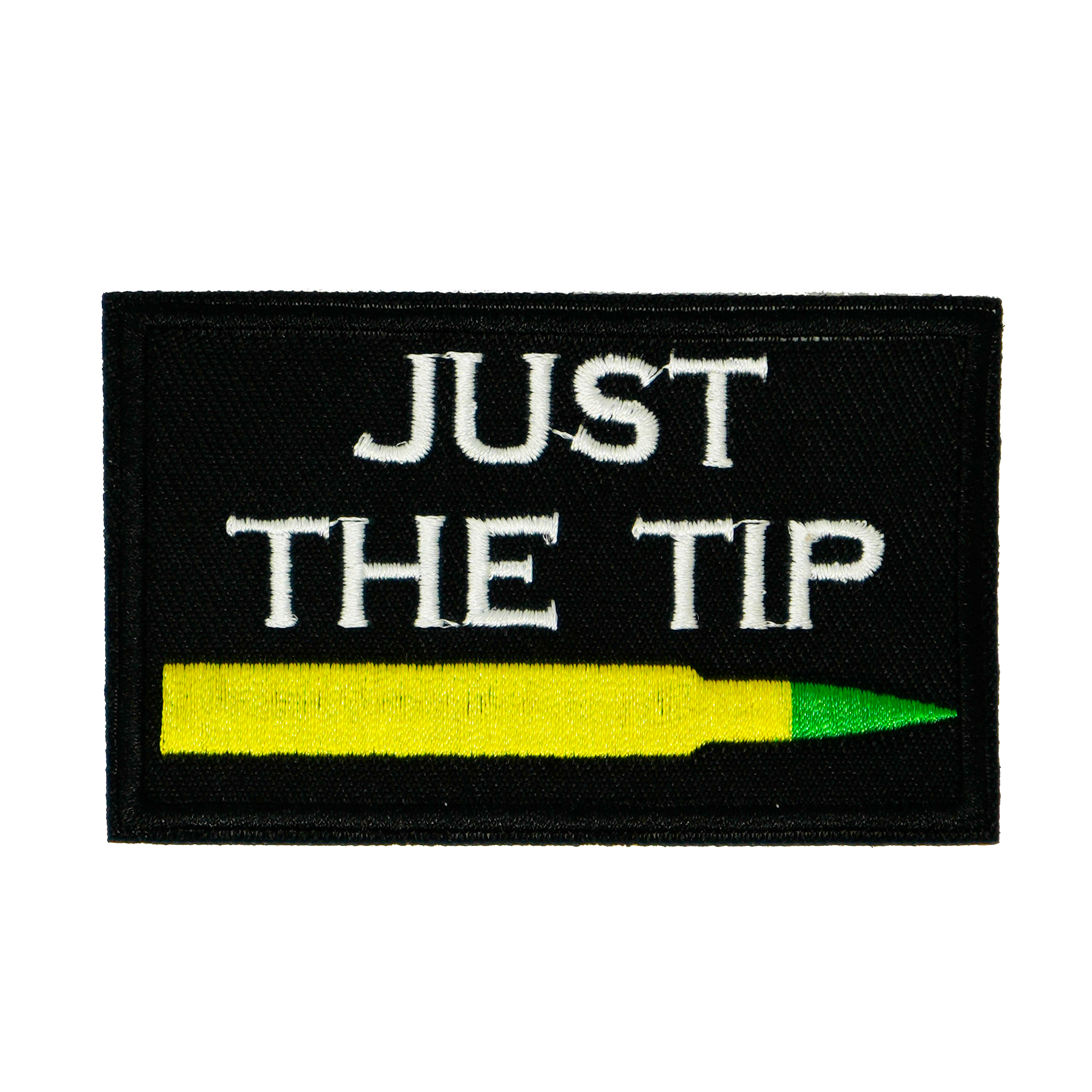 Just The Tip Bullet Funny Black Iron On Patch (7.8 x 5cm) Main image