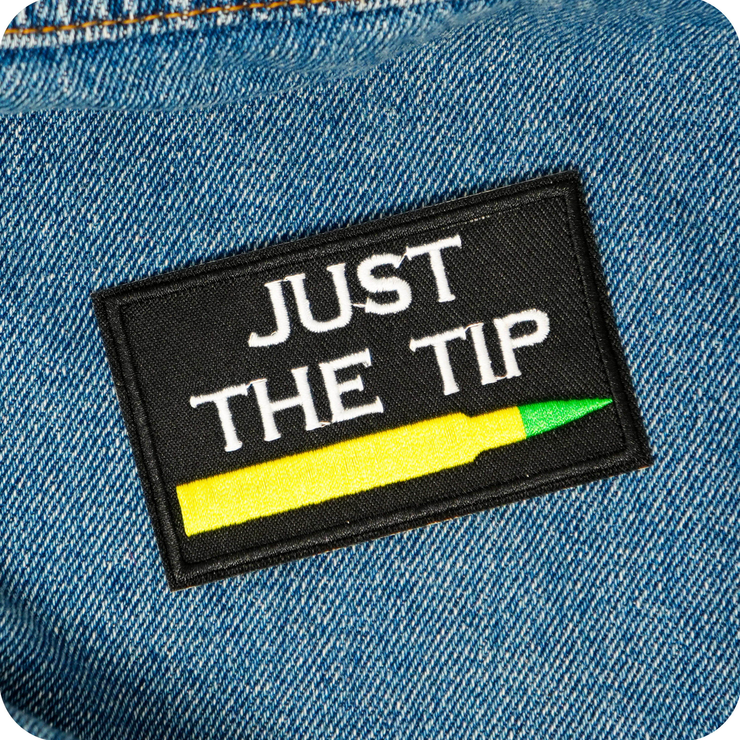 Just The Tip Bullet Funny Black Iron On Patch (7.8 x 5cm)