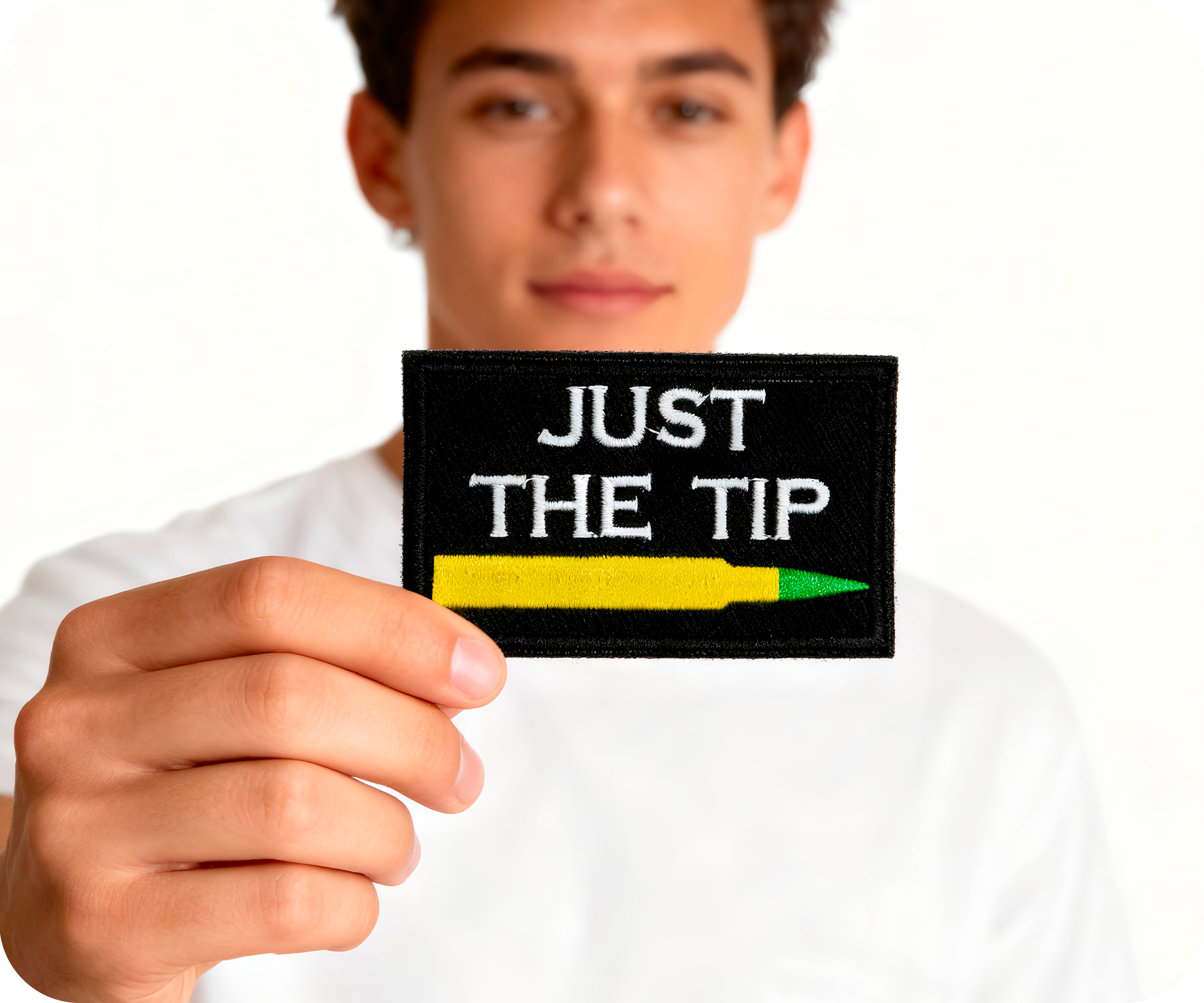 Just The Tip Bullet Funny Black Iron On Patch (7.8 x 5cm) Secondary image