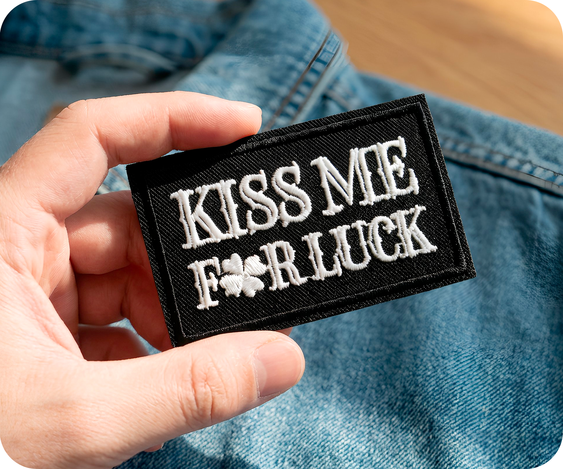 Kiss Me For Luck Irish Shamrock Clover Black Iron On Patch (7.8 x 5cm) Secondary image