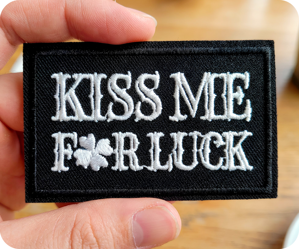 Kiss Me For Luck Irish Shamrock Clover Black Iron On Patch (7.8 x 5cm)