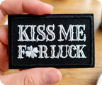 Kiss Me For Luck Irish Shamrock Clover Black Iron On Patch (7.8 x 5cm)