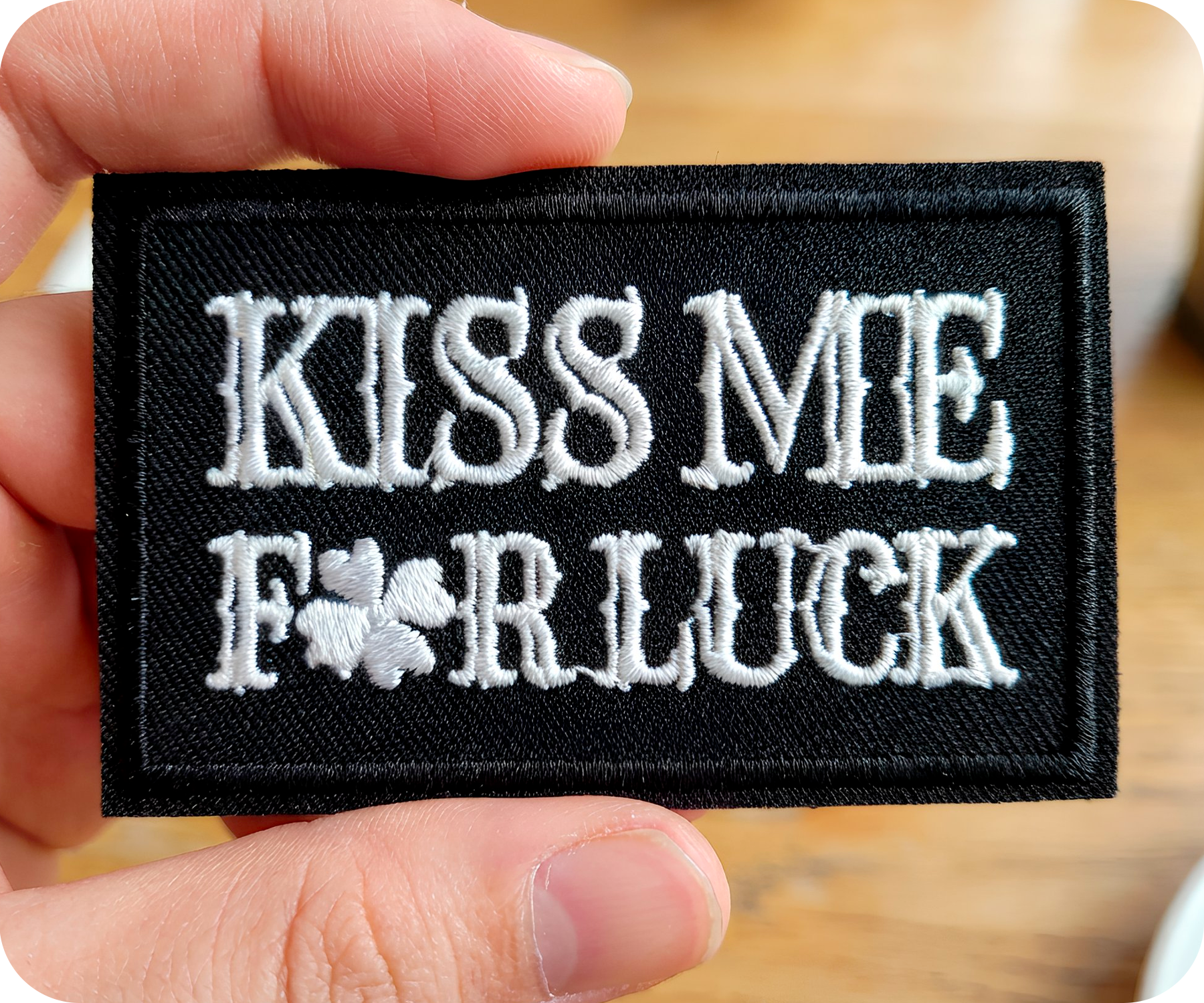 Kiss Me For Luck Irish Shamrock Clover Black Iron On Patch (7.8 x 5cm)