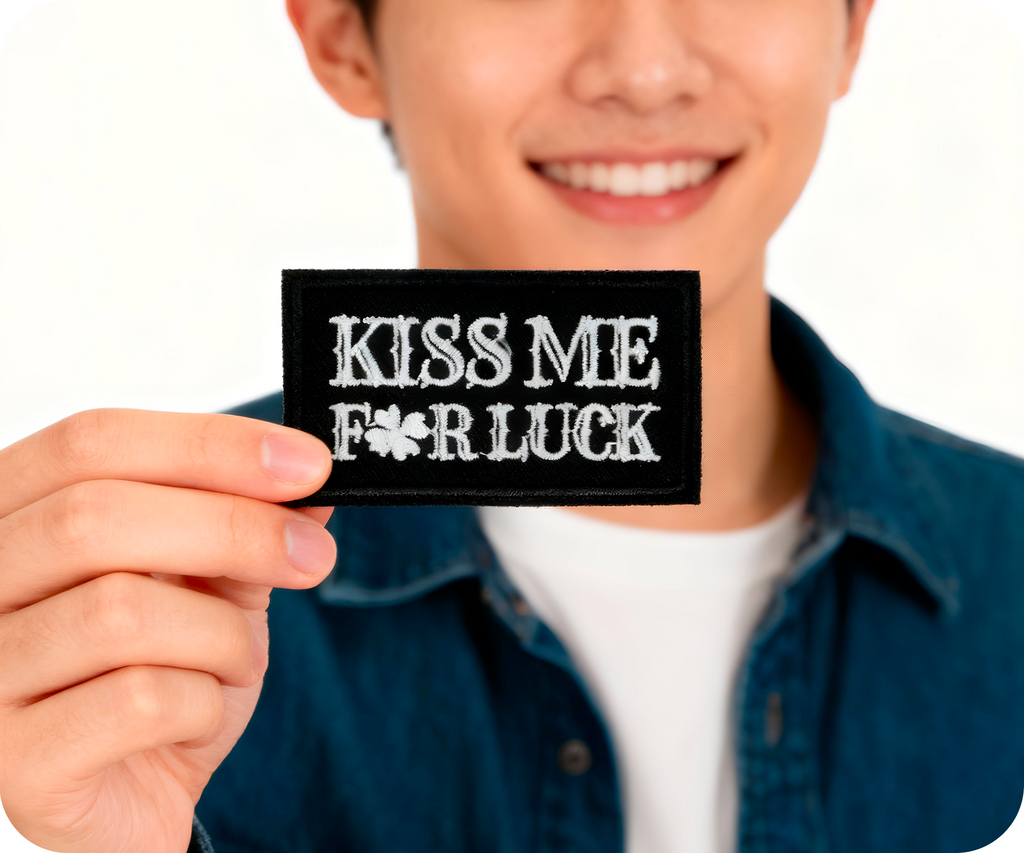 Kiss Me For Luck Irish Shamrock Clover Black Iron On Patch (7.8 x 5cm)