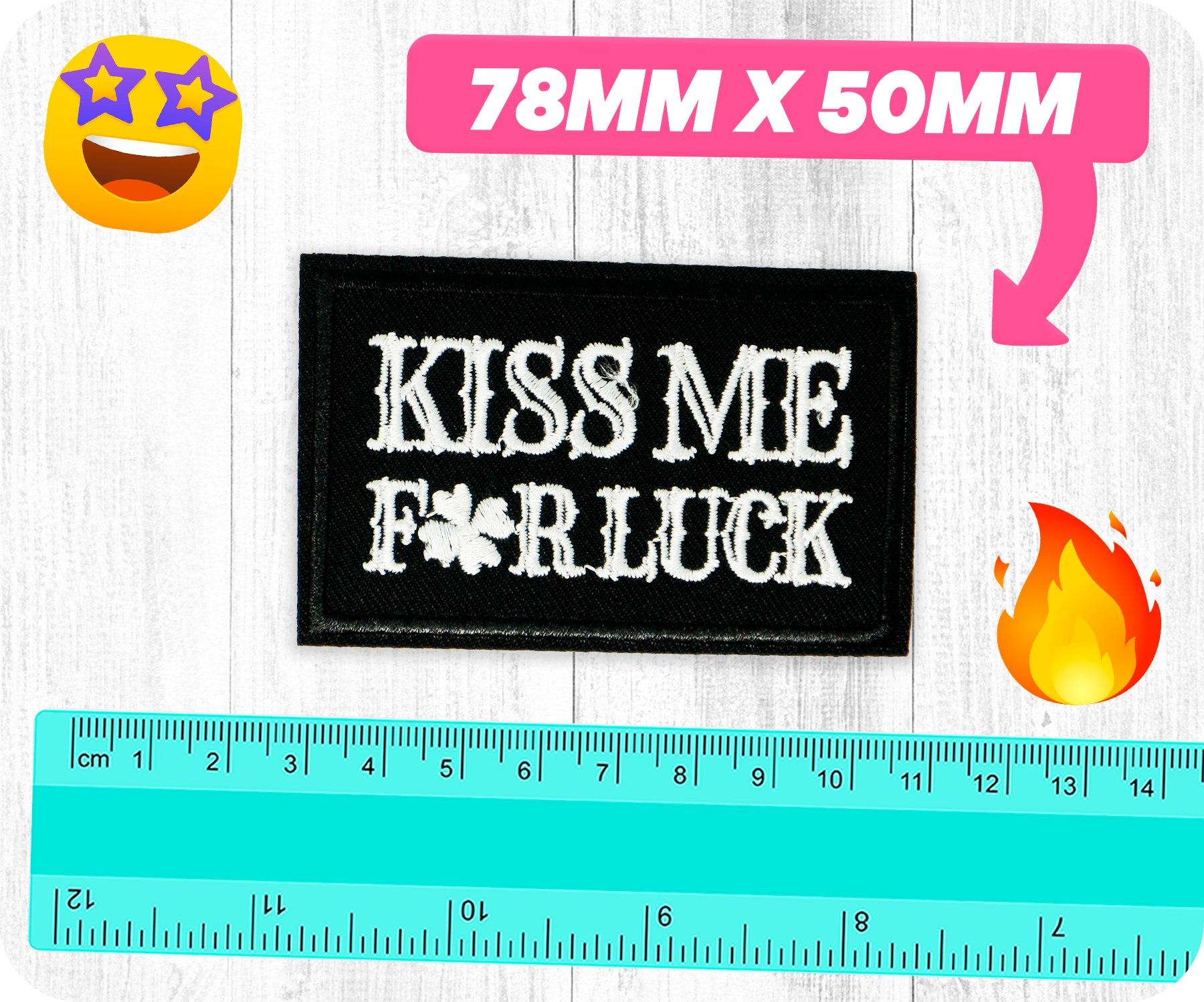 Kiss Me For Luck Irish Shamrock Clover Black Iron On Patch (7.8 x 5cm)