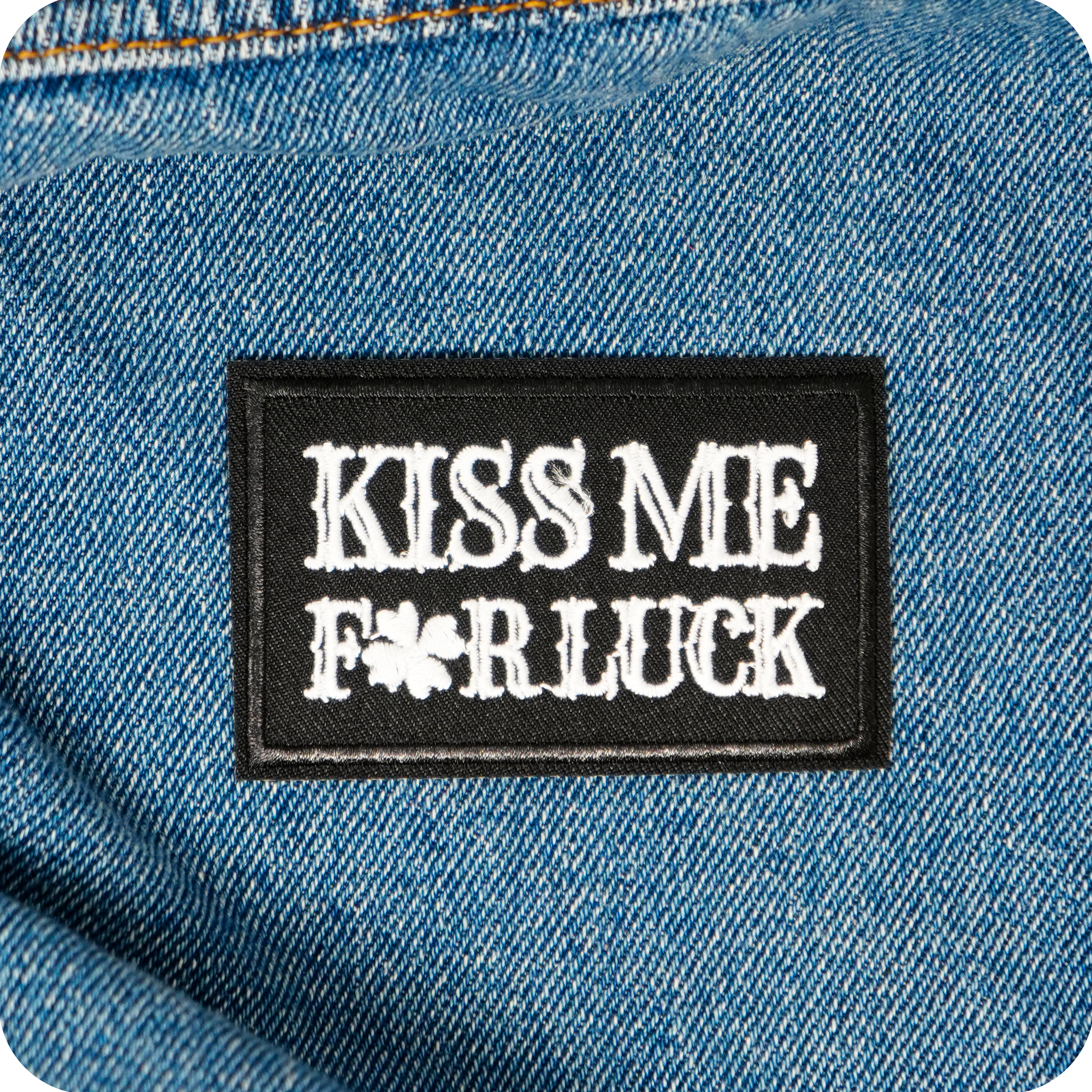 Kiss Me For Luck Irish Shamrock Clover Black Iron On Patch (7.8 x 5cm)