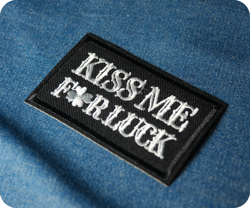 Kiss Me For Luck Irish Shamrock Clover Black Iron On Patch (7.8 x 5cm)