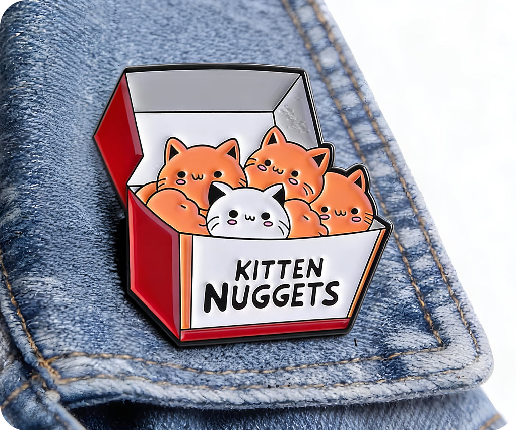 Enamel pin with cartoon cats in a box labeled 'Kitten Nuggets' on denim fabric © Tigoli® 2026 All Rights Reserved Panda Loco Ltd 
