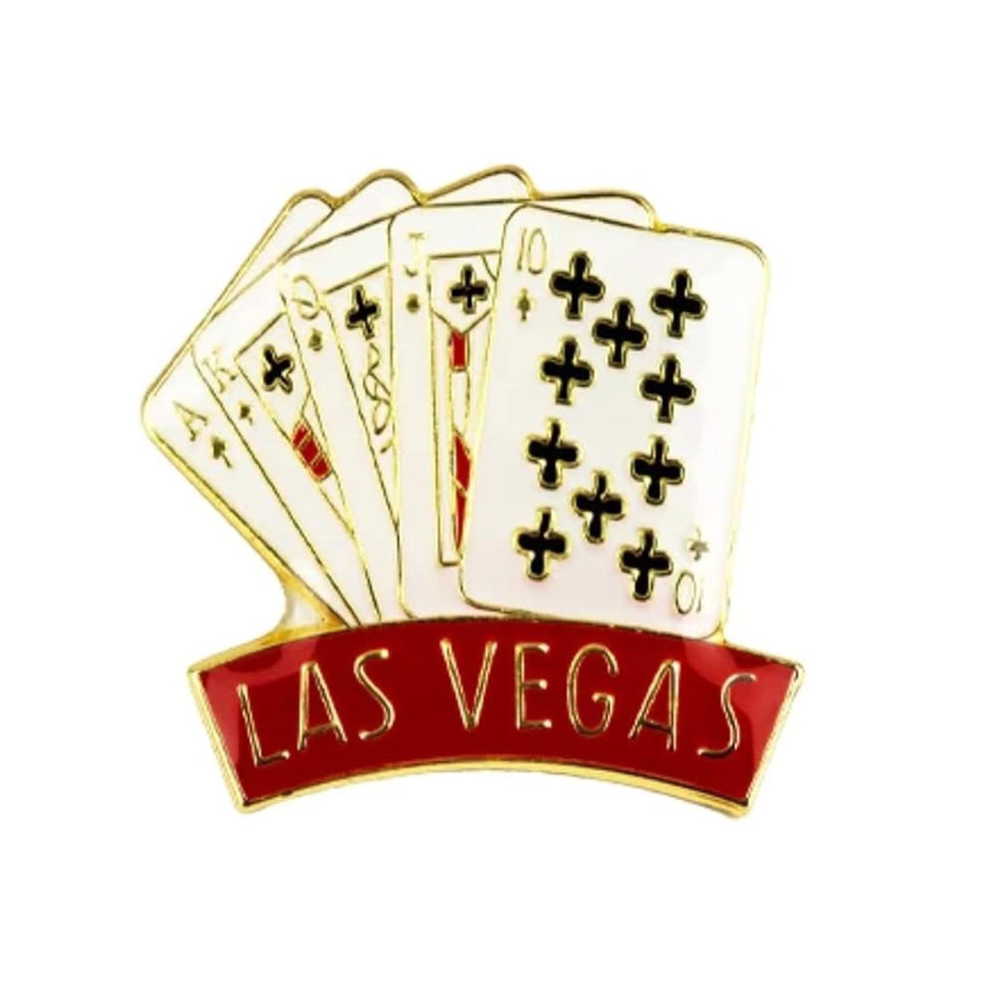 A pin badge featuring a brass plated iron enamel with a 'Las Vegas' text and a poker royal flush design, attached to a butterfly clutch.
