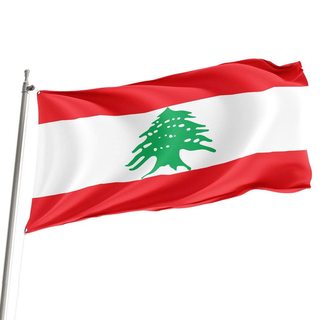 A 3' x 5' Lebanon flag with a green cedar tree on a white background, bordered by red stripes, displayed on a flagpole.