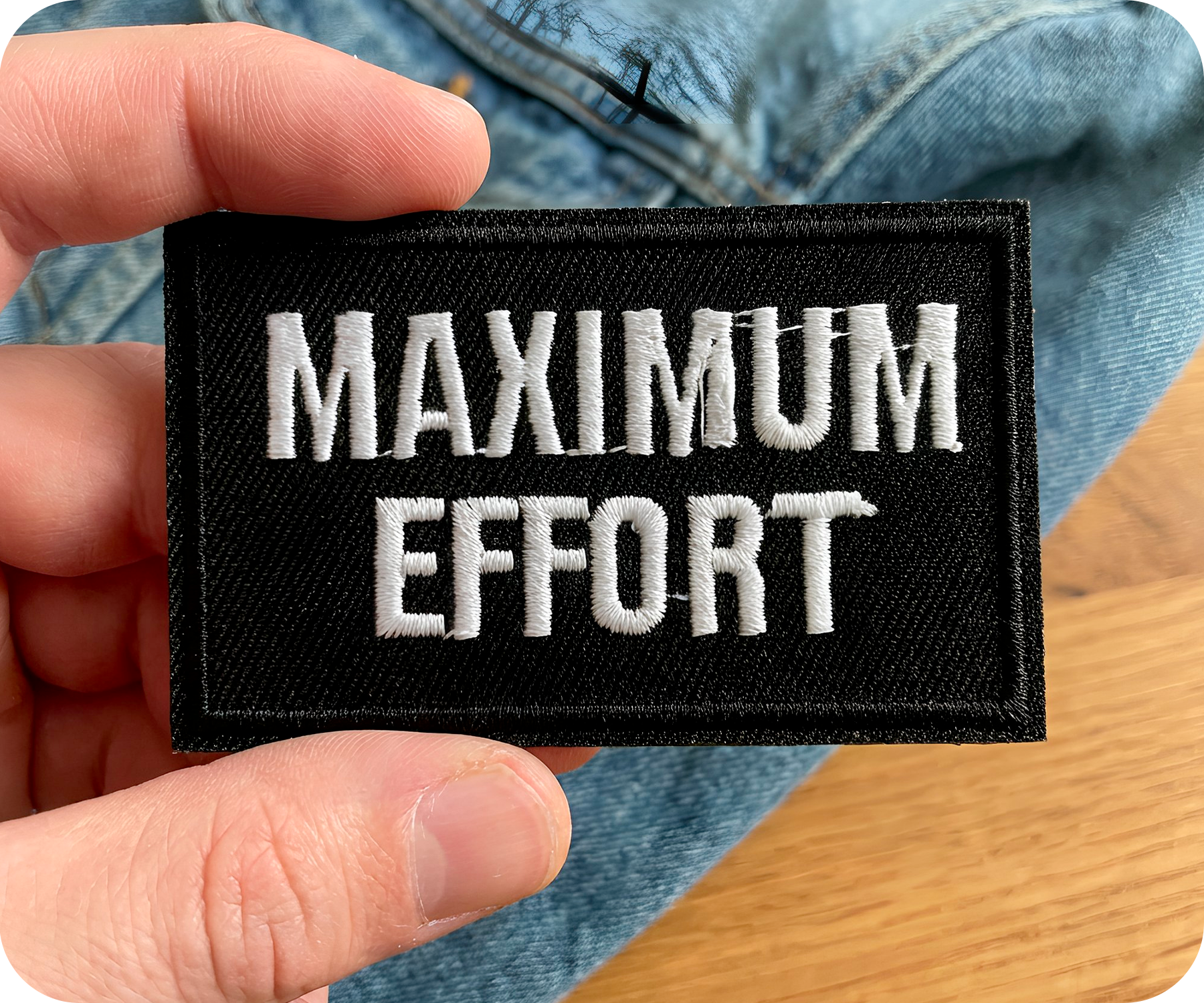 Maximum Effort Funny Black Iron On Patch (7.8 x 5cm) Secondary image