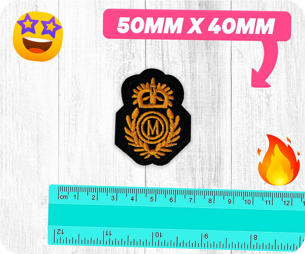 M Monogram Gold Crown Naval Cap Badge Iron On Patch (5 x 4cm)