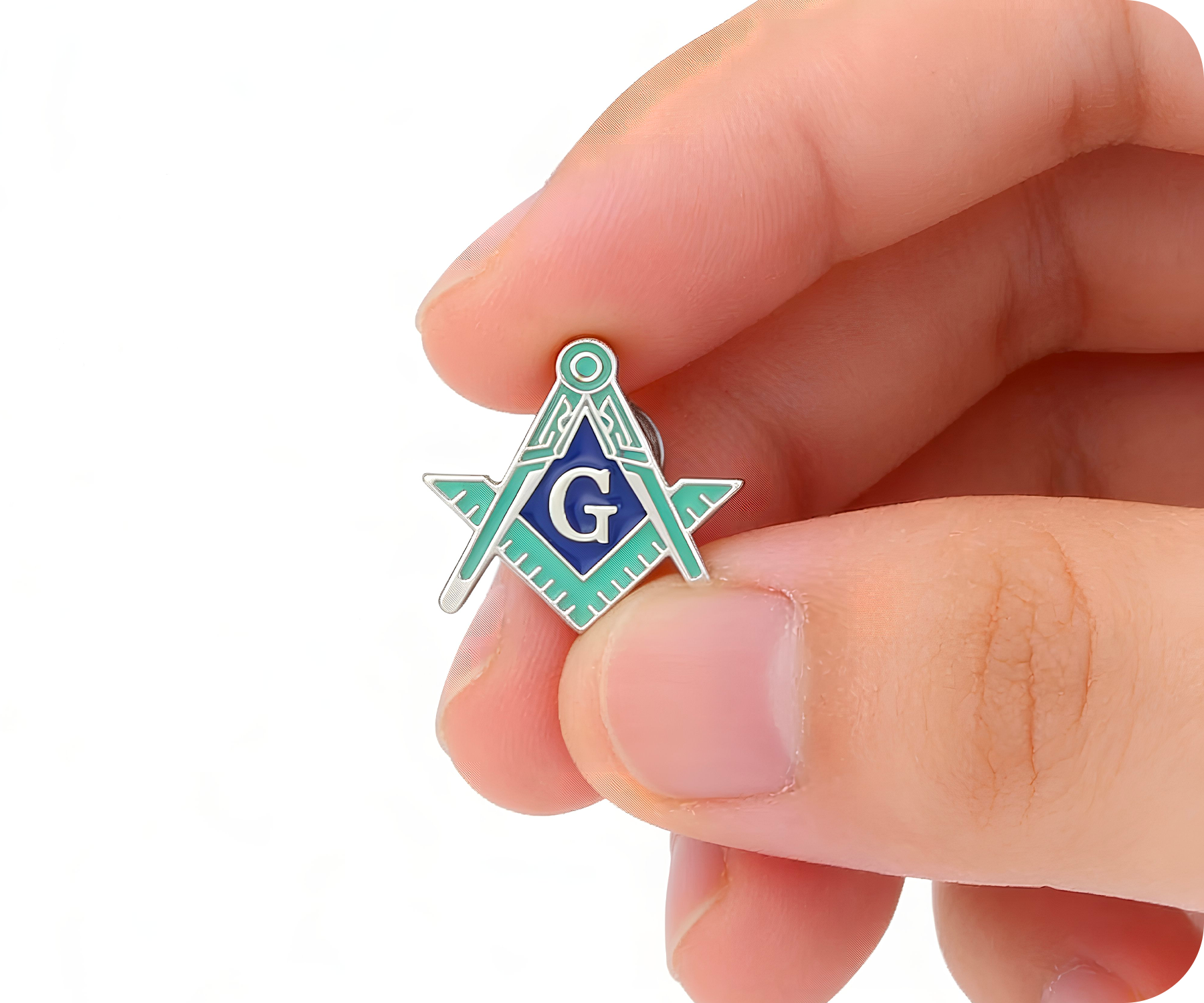 Masonic Silver & Light Green Blue Free Masons Compass Pin Badge