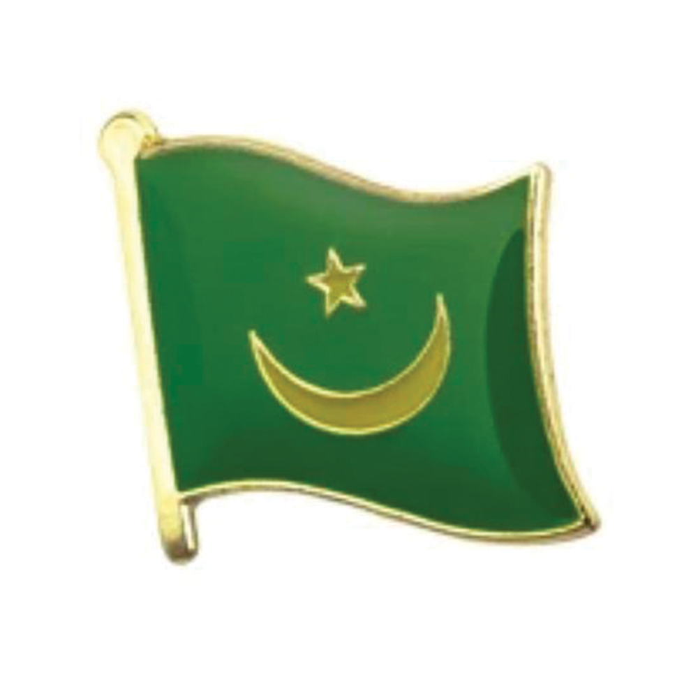 A pin badge featuring the flag of Mauritania, with a green background and a yellow star and crescent moon on the flag. © Tigoli® 2026 All Rights Reserved Panda Loco Ltd  Imagen principal del producto
