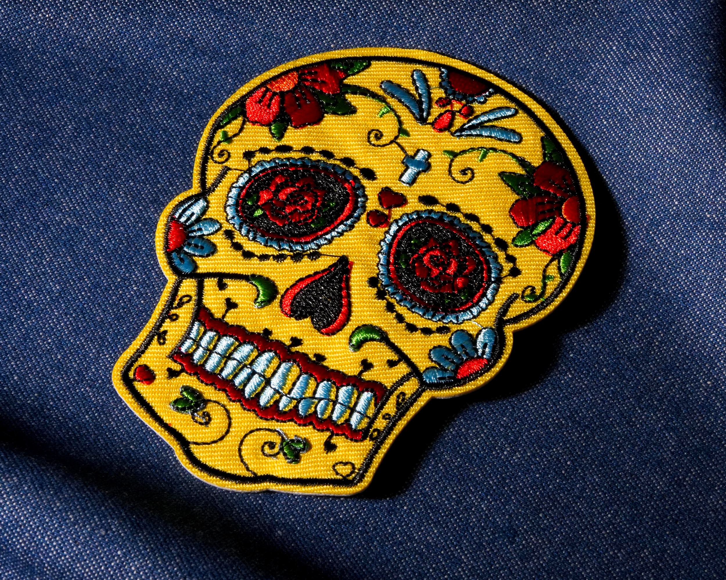 Mexican Day Of The Dead Skull Yellow Patch Iron On (8 x 10cm) Secondary image