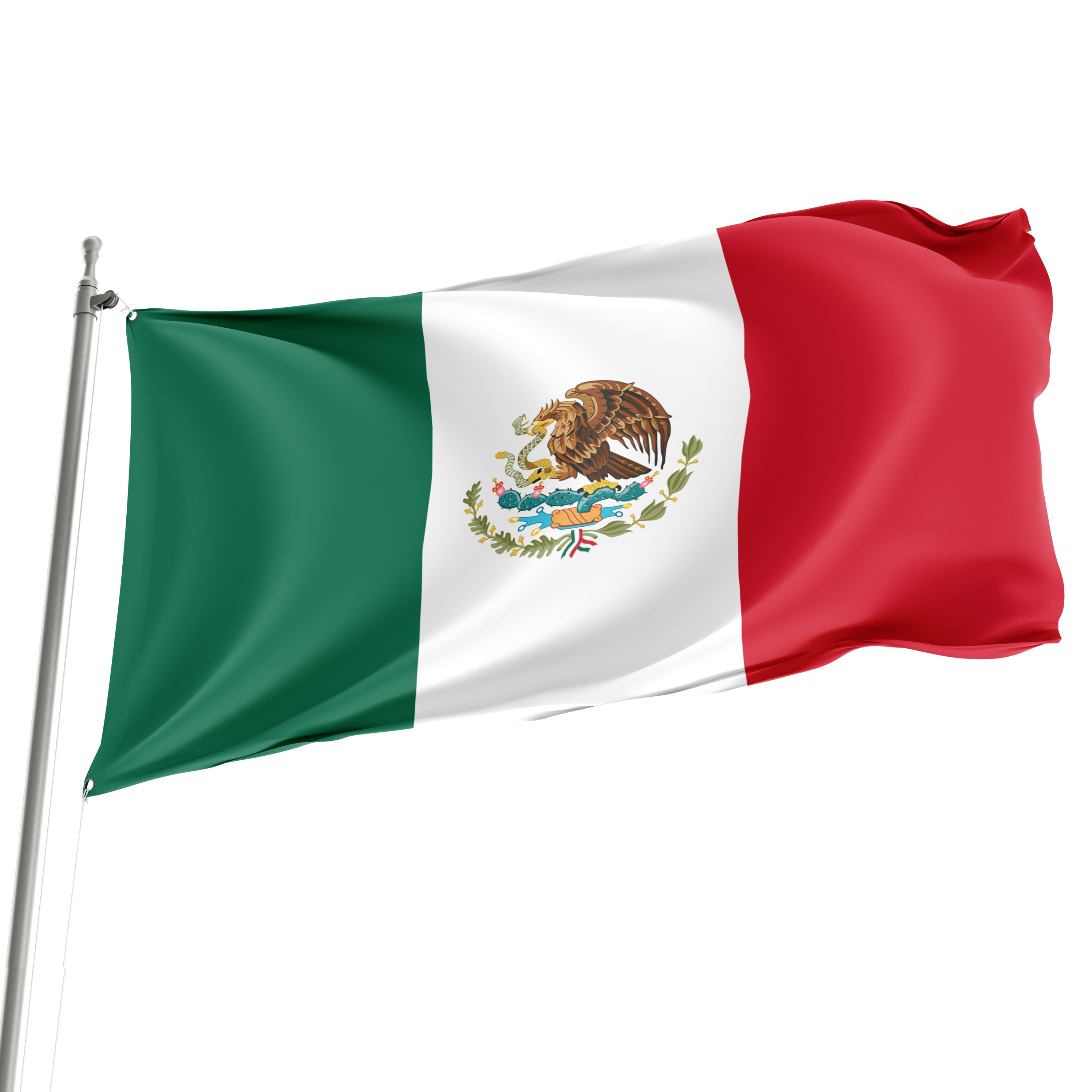 The flag of Mexico, featuring vertical stripes in green, white, and red colors, with the national coat of arms centered on the white stripe.