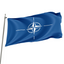 A blue flag with the NATO star symbol in the center, flying on a flagpole.