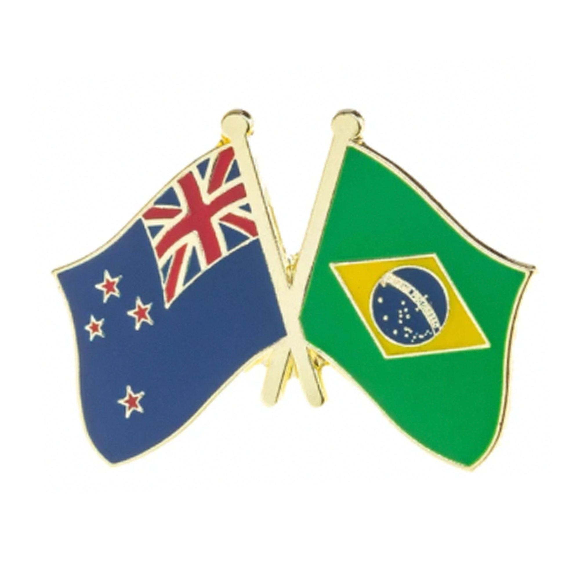 A pin badge featuring the flags of New Zealand and Brazil with a butterfly clutch backing. Imagen principal del producto