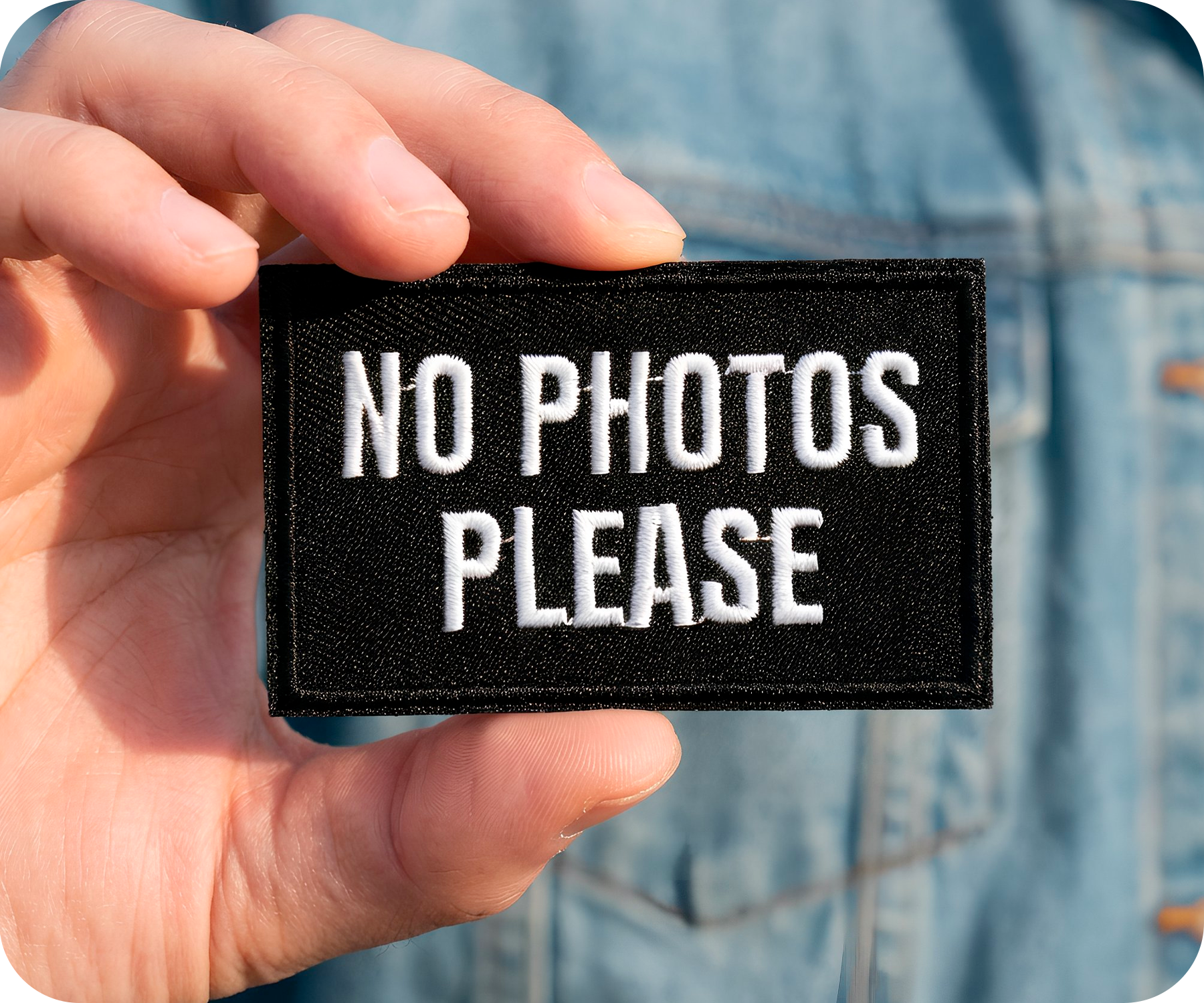 No Photos Please Black Iron On Patch (7.8 x 5cm)