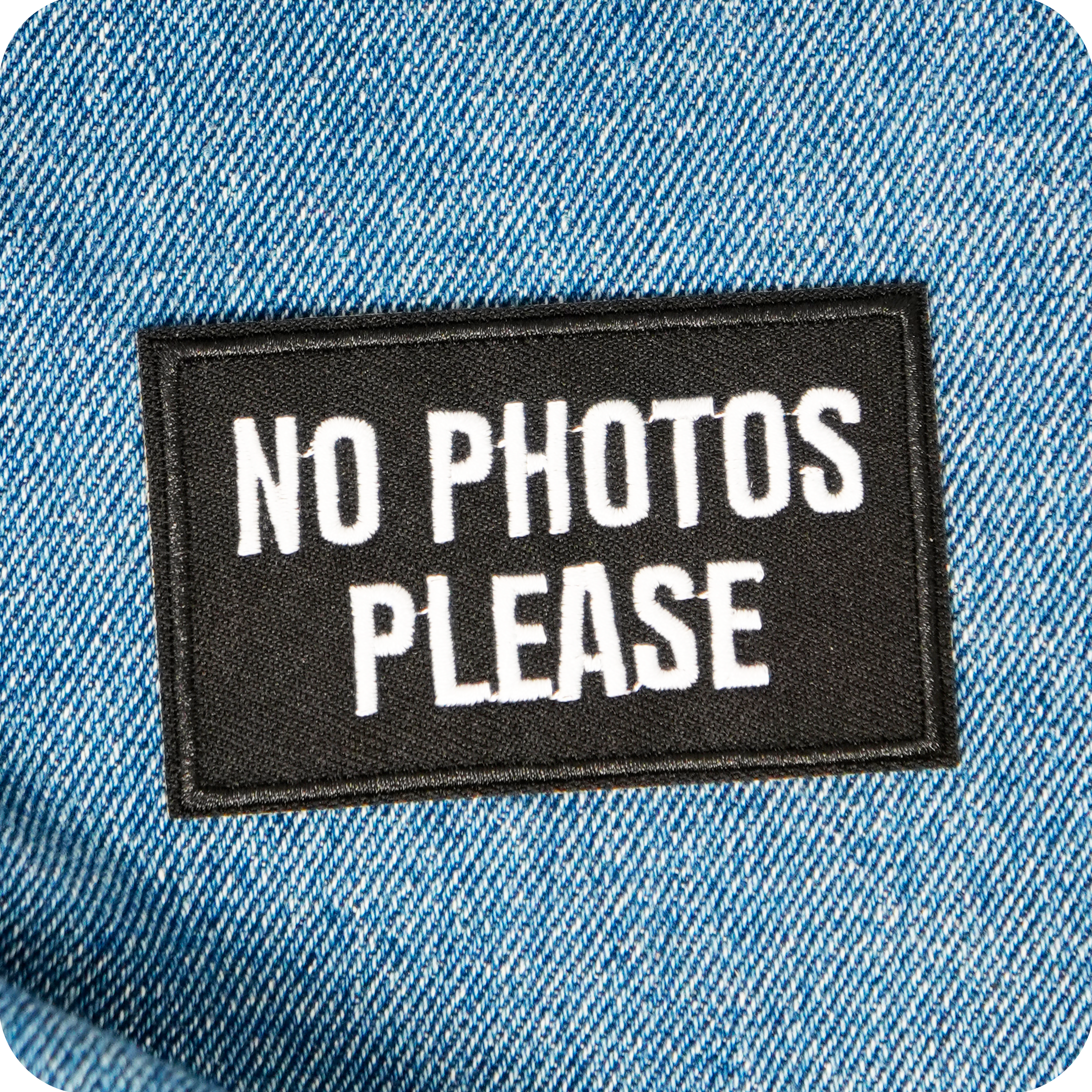 No Photos Please Black Iron On Patch (7.8 x 5cm)
