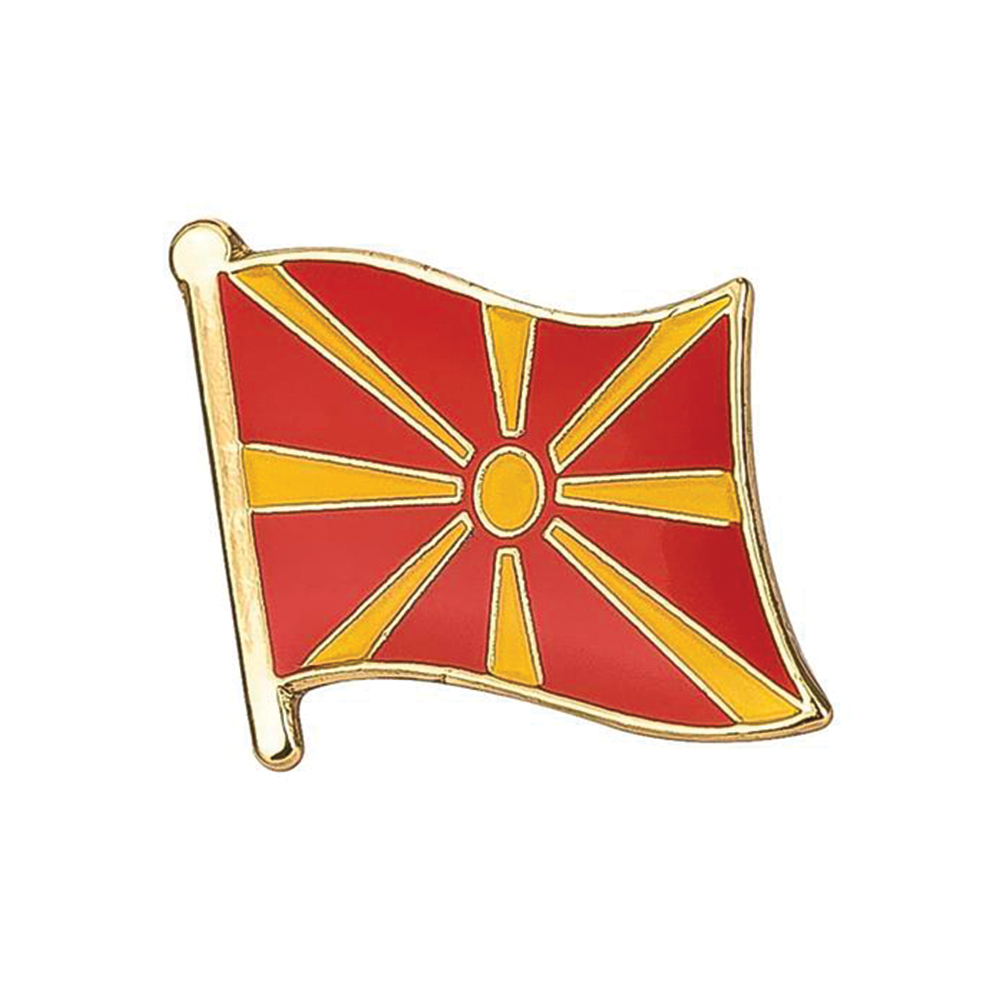 A pin badge featuring the Macedonia flag colors with a brass plated iron butterfly fixing. © Tigoli® 2026 All Rights Reserved Panda Loco Ltd 