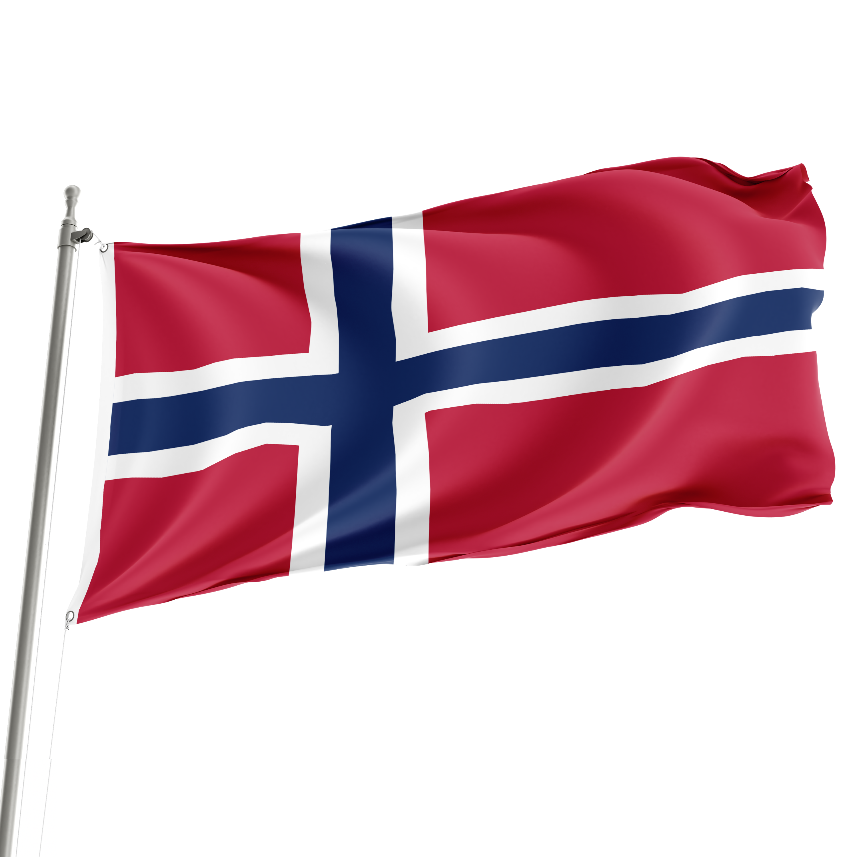 A 3' x 5' Norway flag displayed on a flagpole, showing the red and white cross against a blue background. Imagen principal del producto