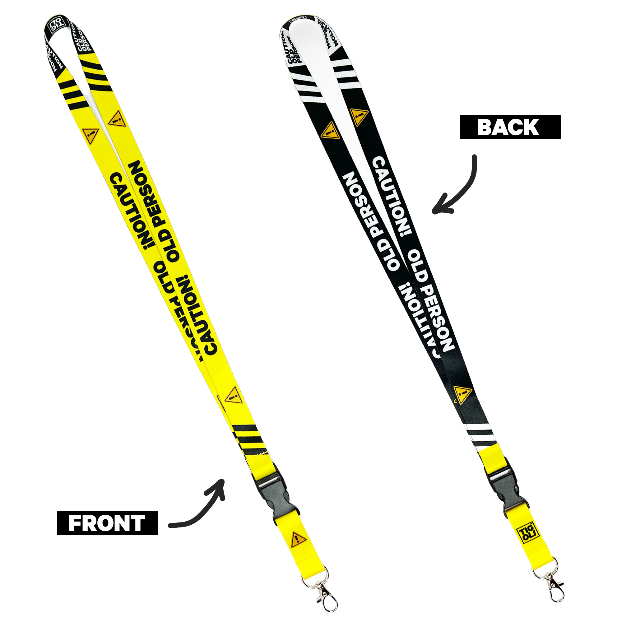 A collection of yellow and black lanyards with various humorous text designs, including 'Caution! Insanely Funny Lanyard' and 'Video Gaming Queen'. One lanyard features a detachable buckle.