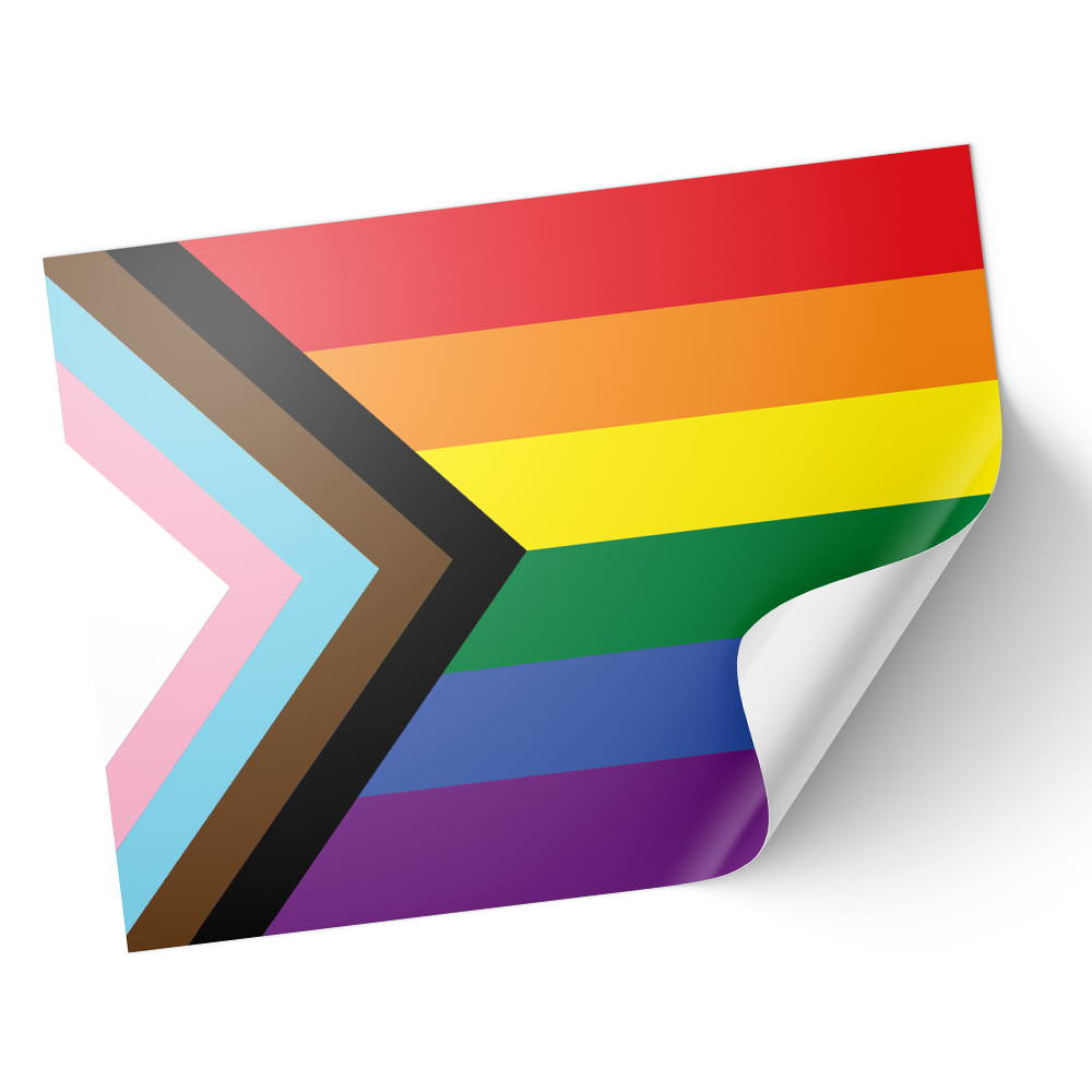 A sticker with the Progress Pride Flag design, featuring rainbow colors with a curved arrow symbol. © Tigoli® 2026 All Rights Reserved Panda Loco Ltd  Imagen principal del producto