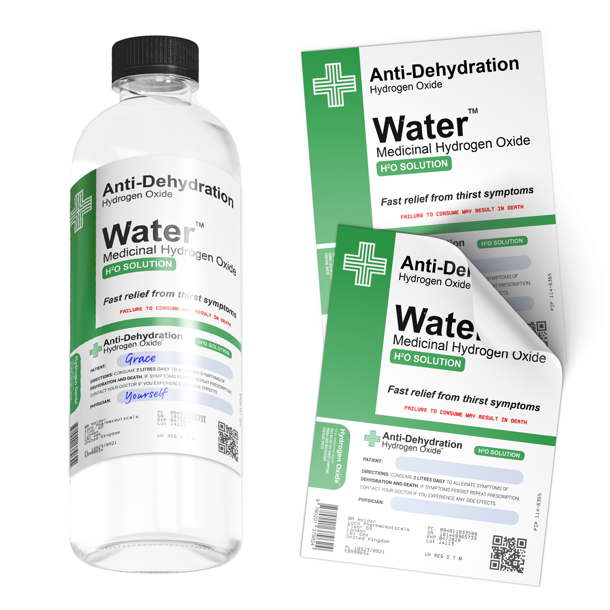 A mock-up image showing a clear water bottle with a green label reading 'Anti-Dehydration Water' and a package with similar design. Imagen principal del producto