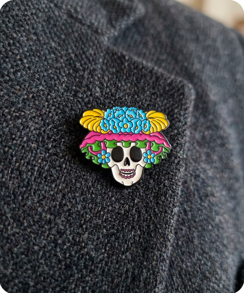 Floral Sugar Skull Enamel Lapel Pin Badge