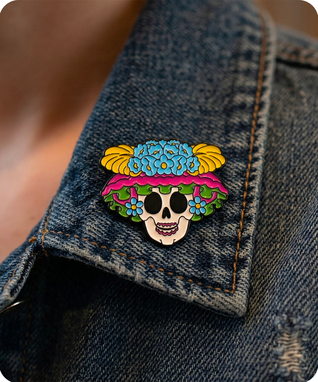 Floral Sugar Skull Enamel Lapel Pin Badge