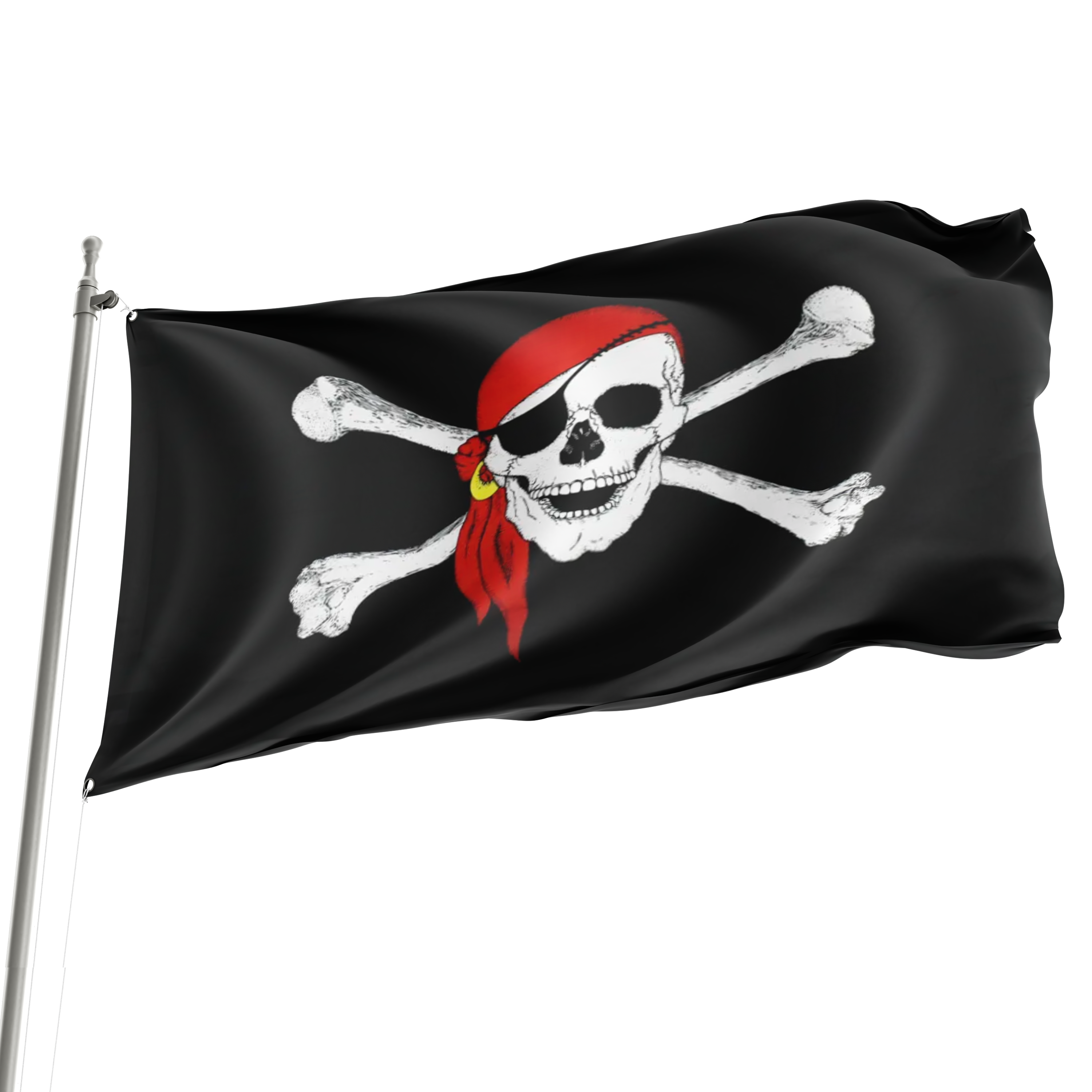 A flag featuring a skull with a red bandana and crossbones, commonly associated with pirate imagery, on a black background. Imagen principal del producto