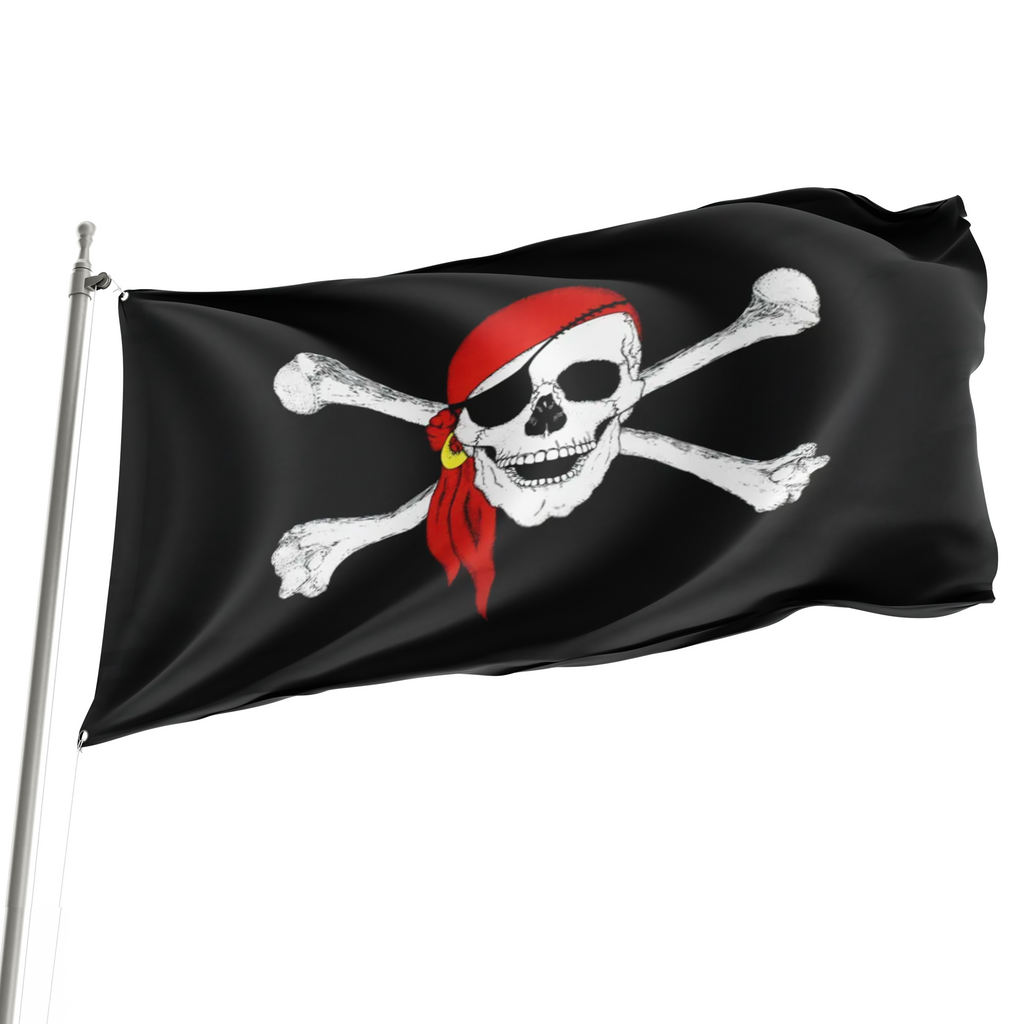 A flag featuring a skull with a red bandana and crossbones, commonly associated with pirate imagery, on a black background.