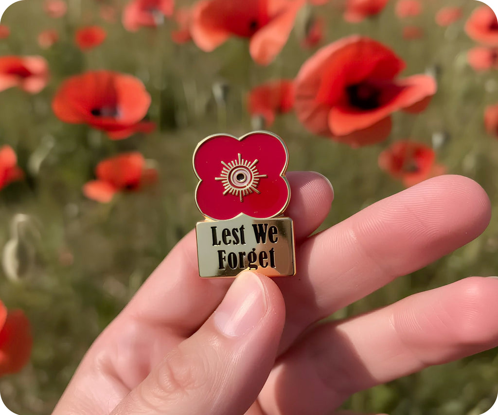 Lest We Forget Gold Poppy Flower Pin Badge