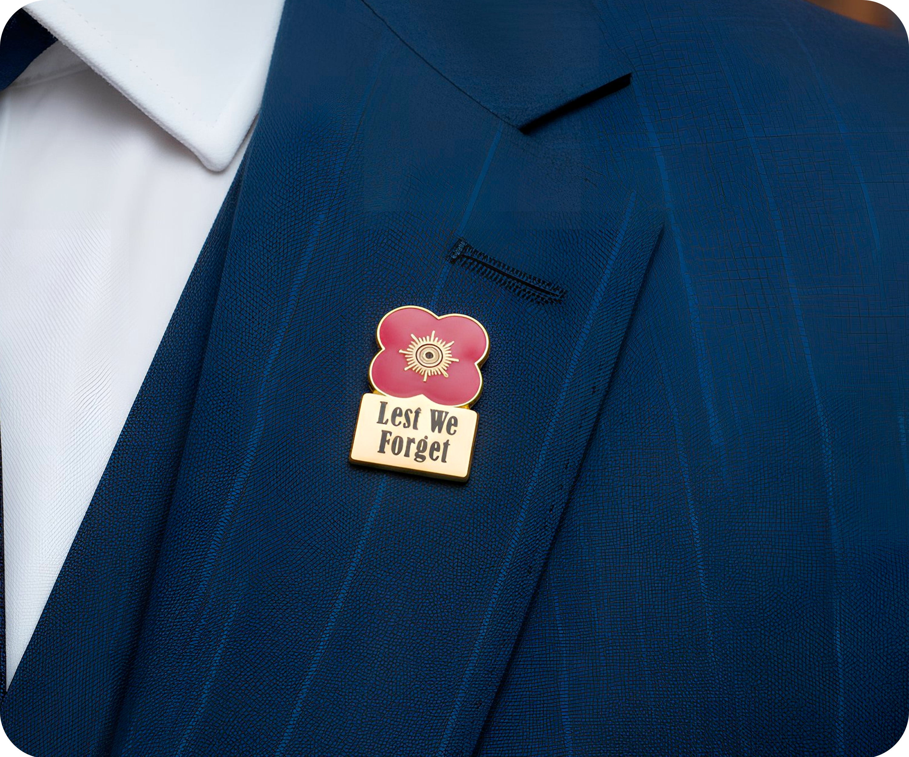 Lest We Forget Gold Poppy Flower Pin Badge