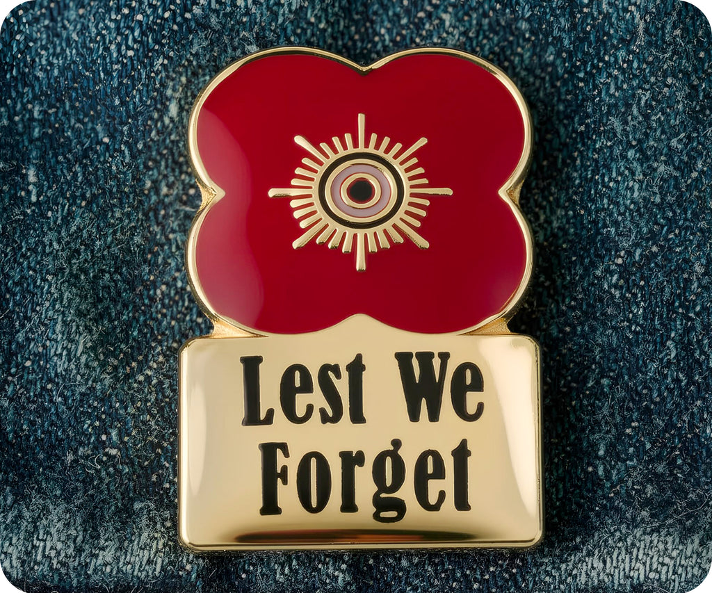 Lest We Forget Gold Poppy Flower Pin Badge