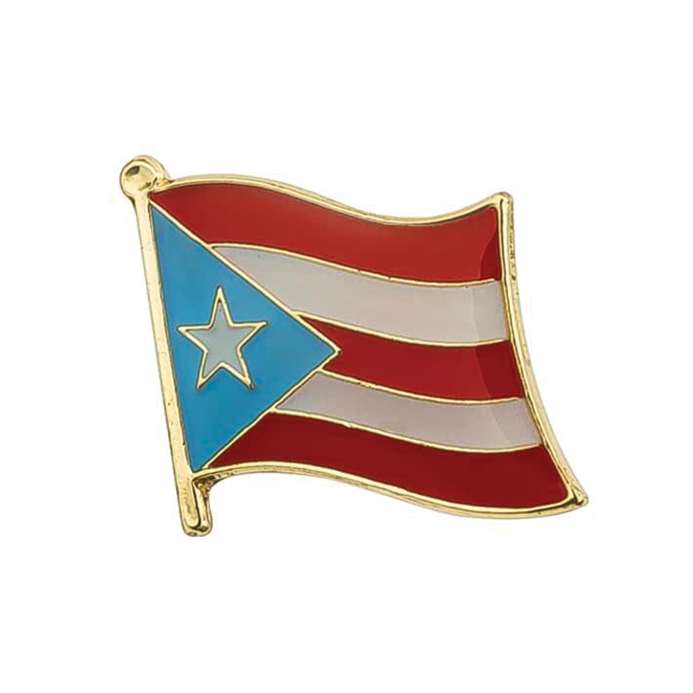 A pin badge featuring the flag of Puerto Rico, with a red background and a white and blue stripe design, bordered with a gold-colored metal butterfly clutch. © Tigoli® 2026 All Rights Reserved Panda Loco Ltd  Imagen principal del producto