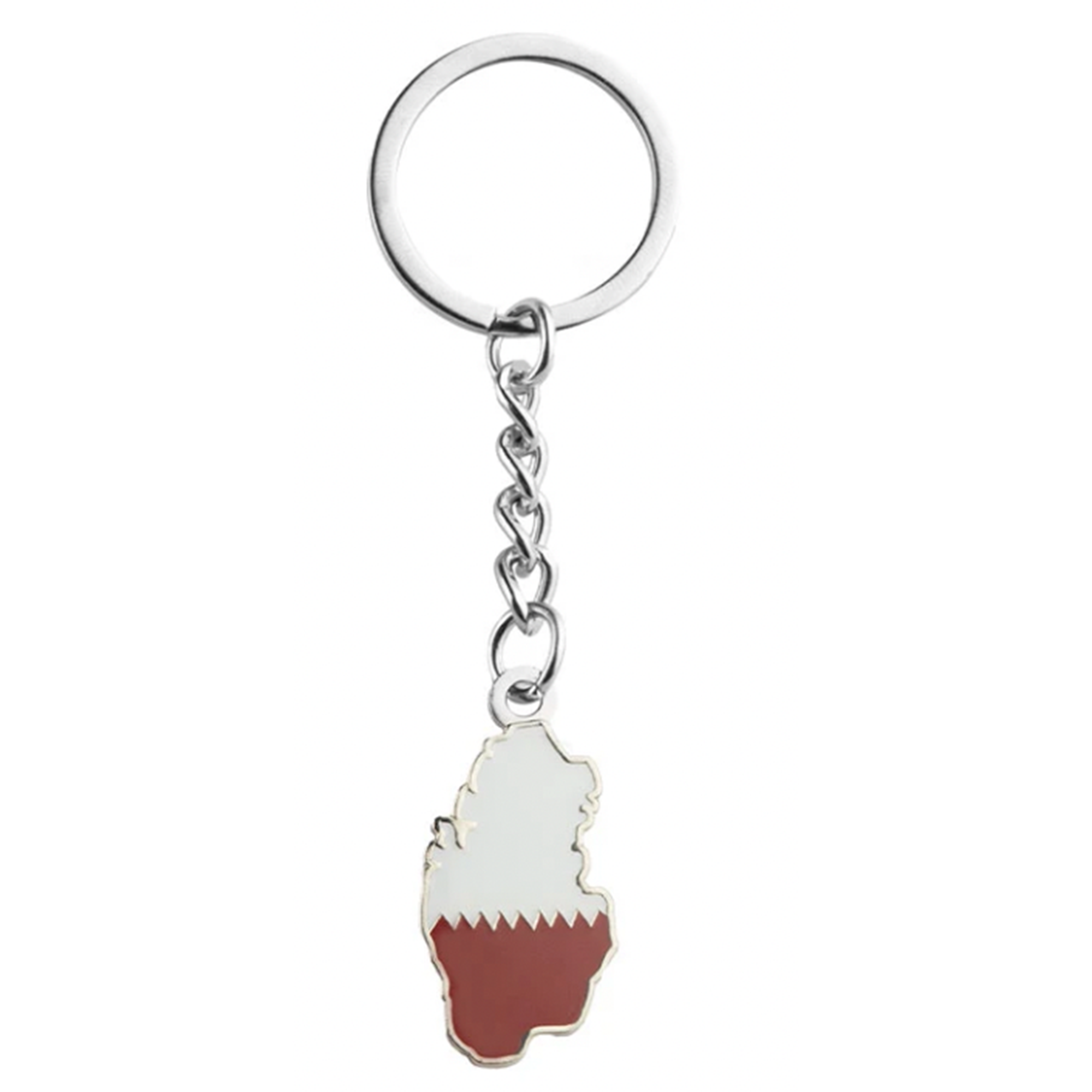 A keyring featuring the national emblem of Qatar in a stylized country shape with a white and red color scheme on a keyring. Main image