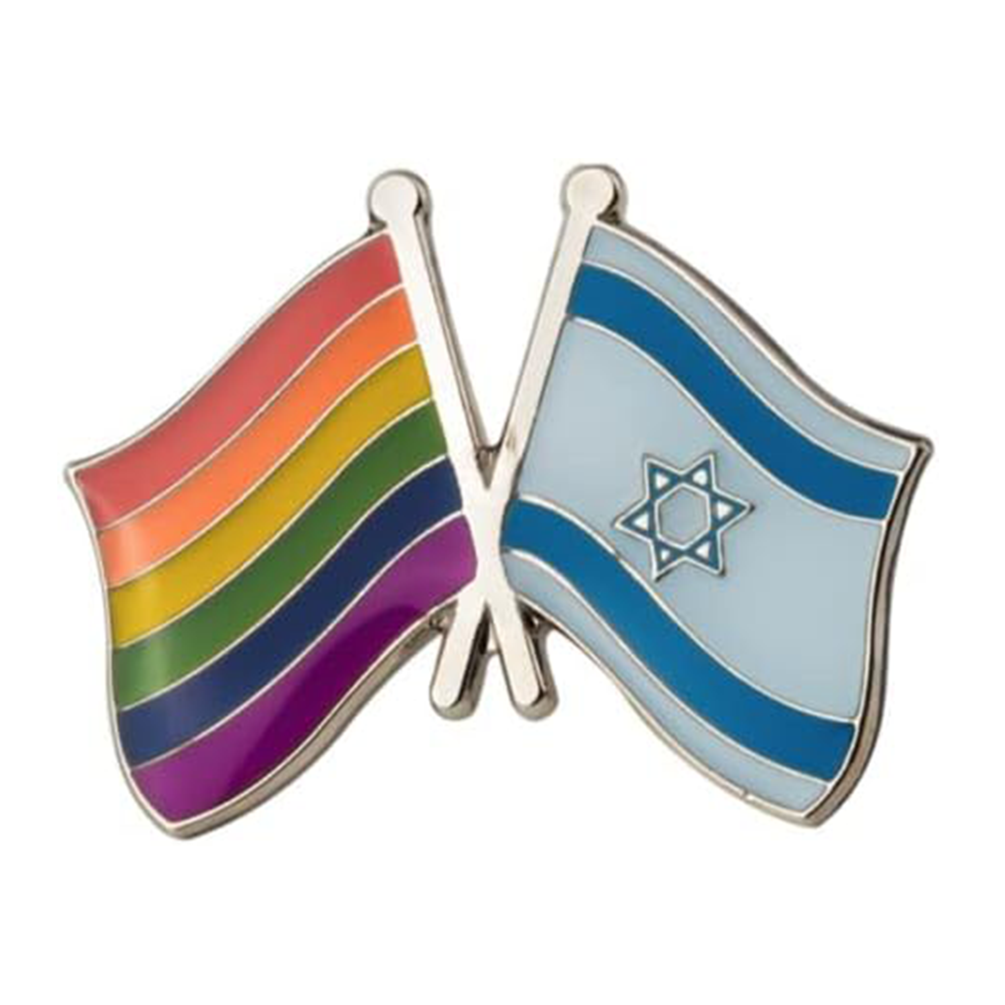 A pin badge featuring the colors of the rainbow flag with the Israeli flag on the right side, attached to a butterfly clutch. Imagen principal del producto