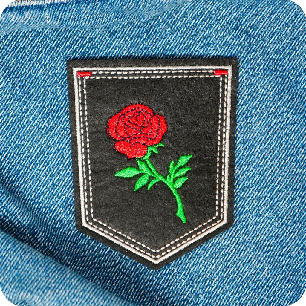 Red Rose Small On Stem & Black Shield Iron On Patch (9 x 7.6cm)