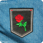 Red Rose Small On Stem & Black Shield Iron On Patch (9 x 7.6cm)