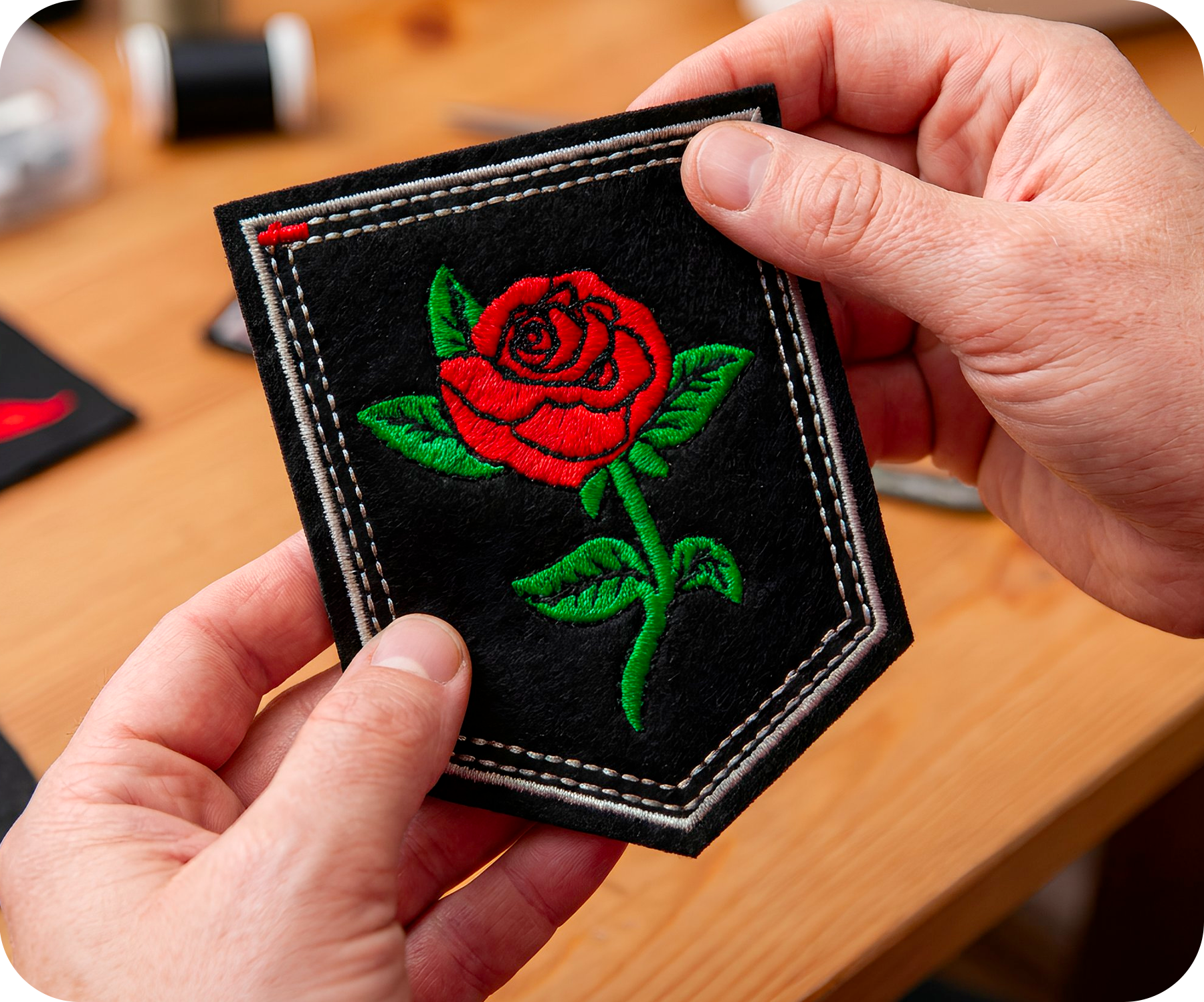 Parche Termoadhesivo Rosa Roja Grande en Tallo y Escudo Negro (9 x 7.6cm) Imagen secundaria del producto
