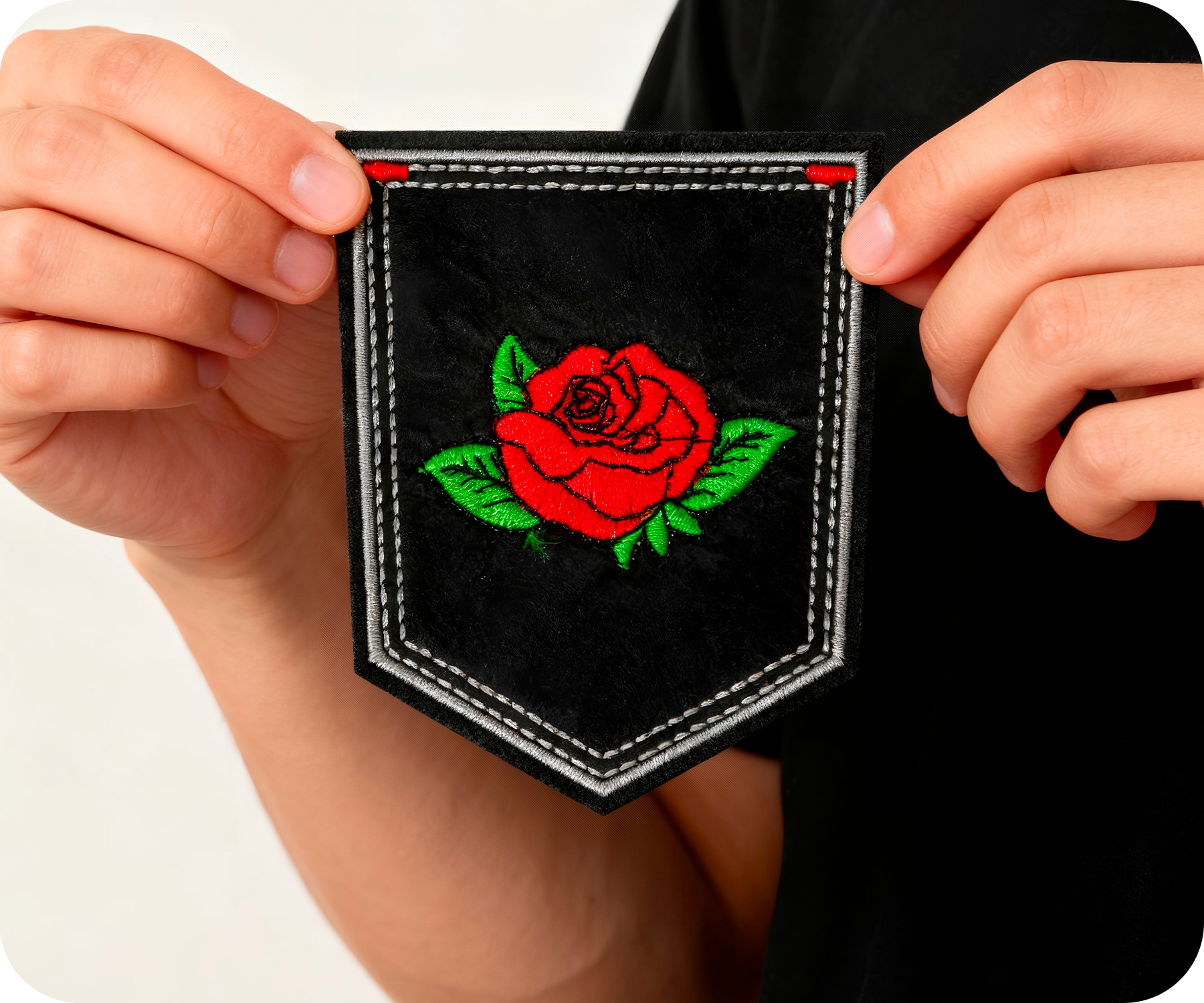 Red Rose Bud Flower Shield Black Iron On Patch (9 x 7.6cm)