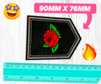 Red Rose Bud Flower Shield Black Iron On Patch (9 x 7.6cm)