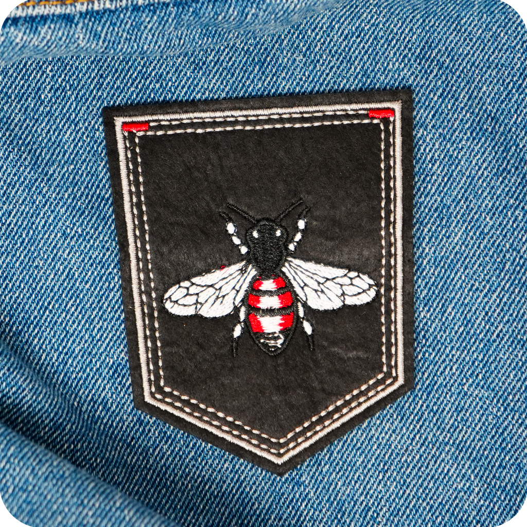 Red Bumblebee On Black Shield Iron On Patch (9 x 7.5cm)